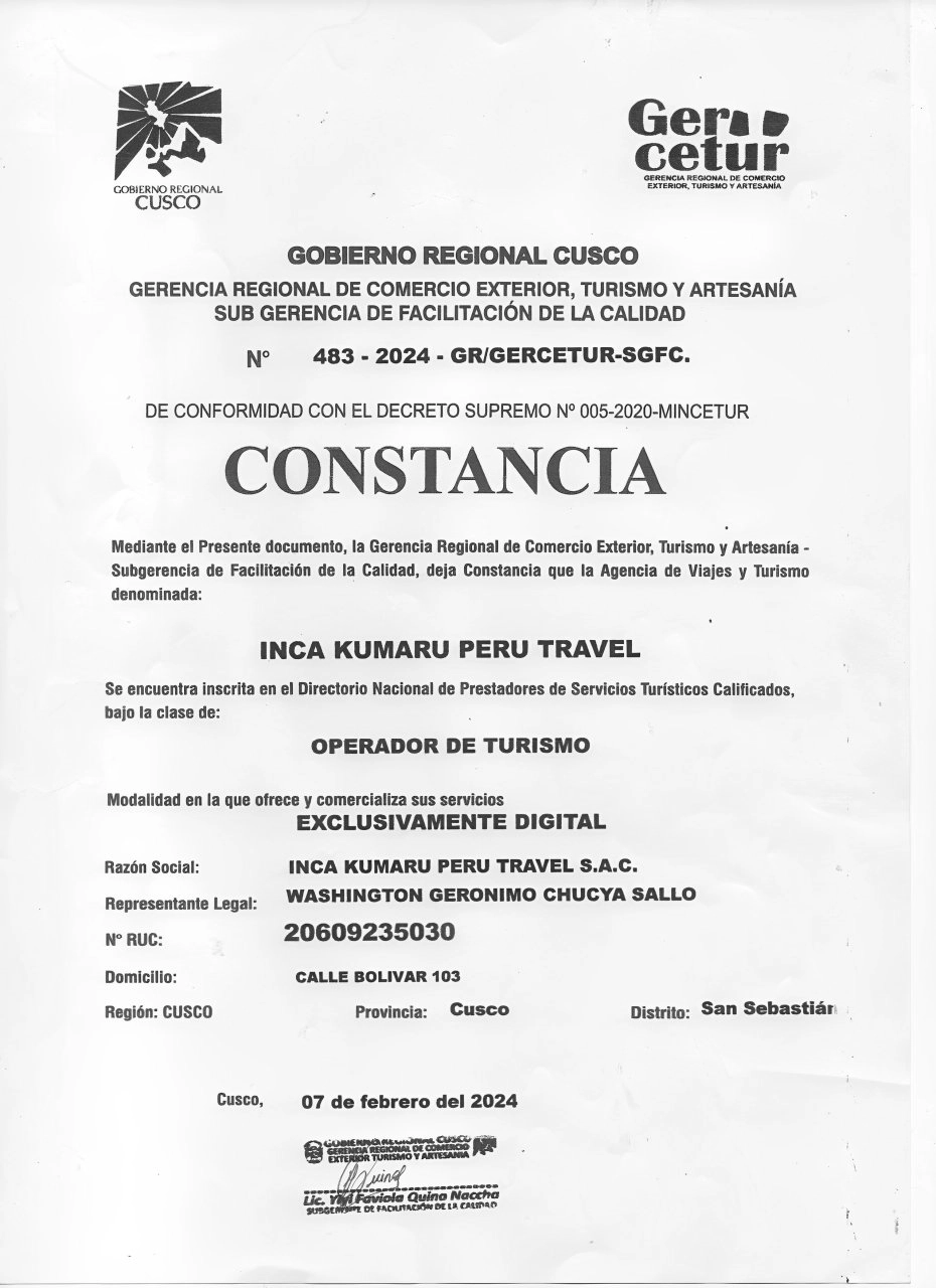 Constancia GERCETUR - Inca Kumaru Perú Travel